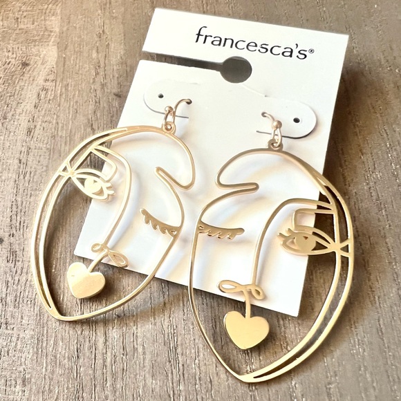 Francesca's Collections Jewelry - Francesca's Morgan Outlined Face Drop Heart Gold Pierced Earrings NWT